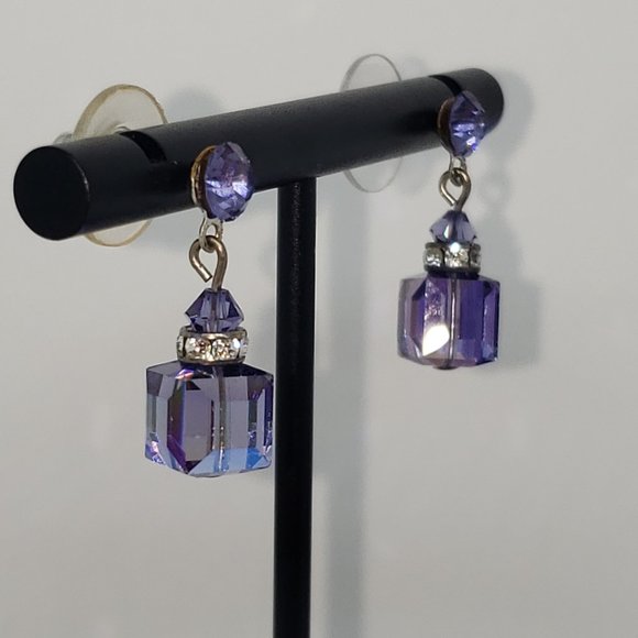 Purple & Clear Cube Dangle/Drop Stud Earrings - Picture 10 of 12